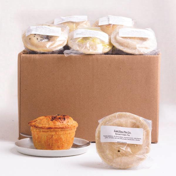 A box of 3 of our sweet pies. 2 x Chocolate Maple Pecan Pie 2 x Cardamom Spiced Pumpkin Pie 2 x Saffron Infused Apple Pie | Sweet Pie Variety Box - 6 Pack (Unbaked) | East Bay Pie Co. | Visit Now: www.eastbaypie.co